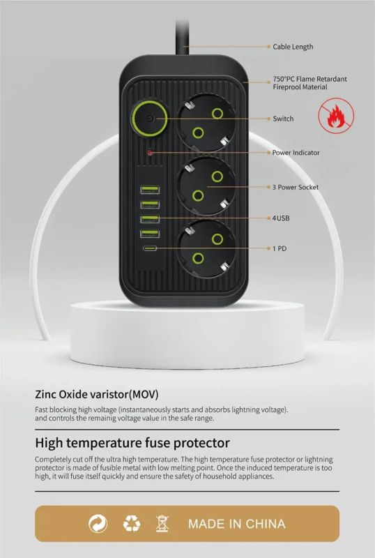 Сетевой фильтр-удлинитель 3 розетки 4USB и Type-C Port 3m Black