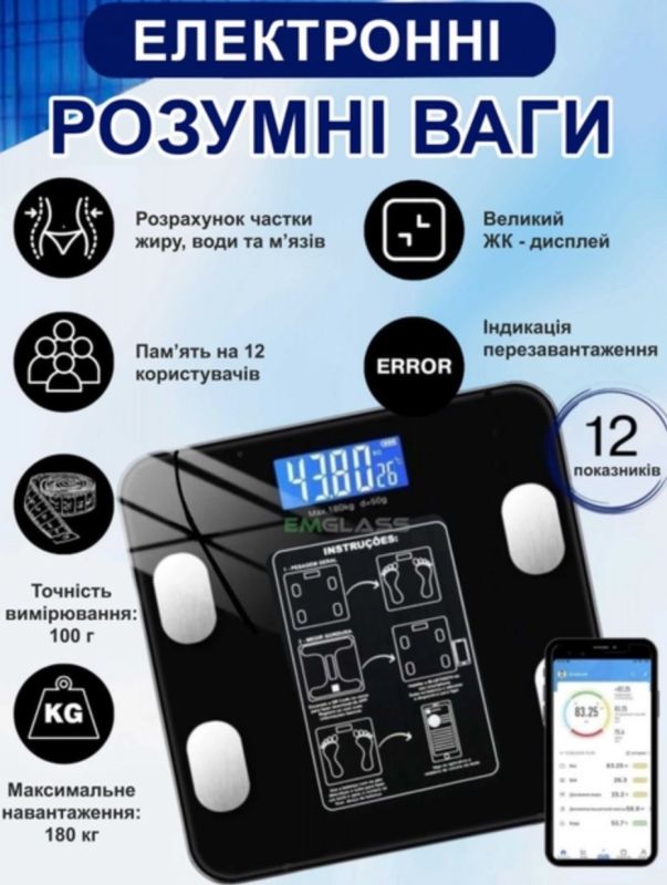 Ваги для підлоги електронні Bluetooth управління через смартфон до 180 кг