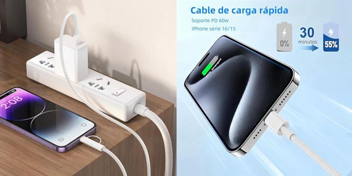 Зарядний кабель USB 2в1 Type-C to Type-C and Lighting 60W