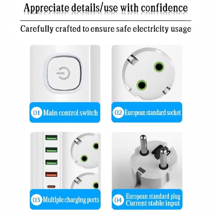 Мережевий фільтр-подовжувач 3 розетки 4USB Type-C Port 5m Glanse