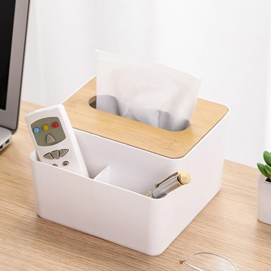 Бокс для серветок Tissue з бамбуковою кришкою з відділенням під косметику та гаджети