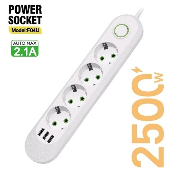 Мережевий фільтр-подовжувач 4 розеток 3USB 2500W White