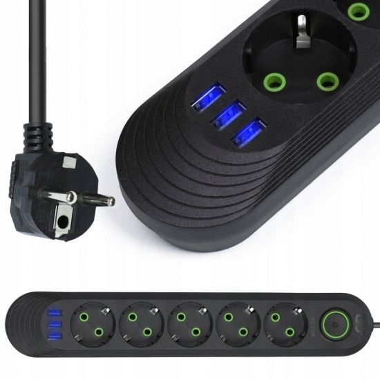 Сетевой фильтр-удлинитель 5 розеток 3USB 2500W