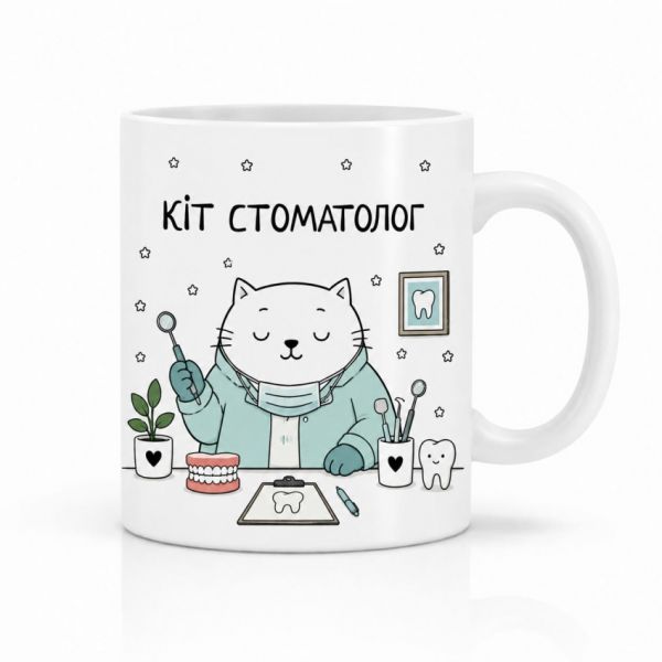 Оригінальна чашка з приколом для стоматолога, Кіт стоматолог