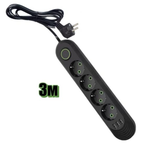 Мережевий фільтр-подовжувач 4 розеток 3USB 2500W