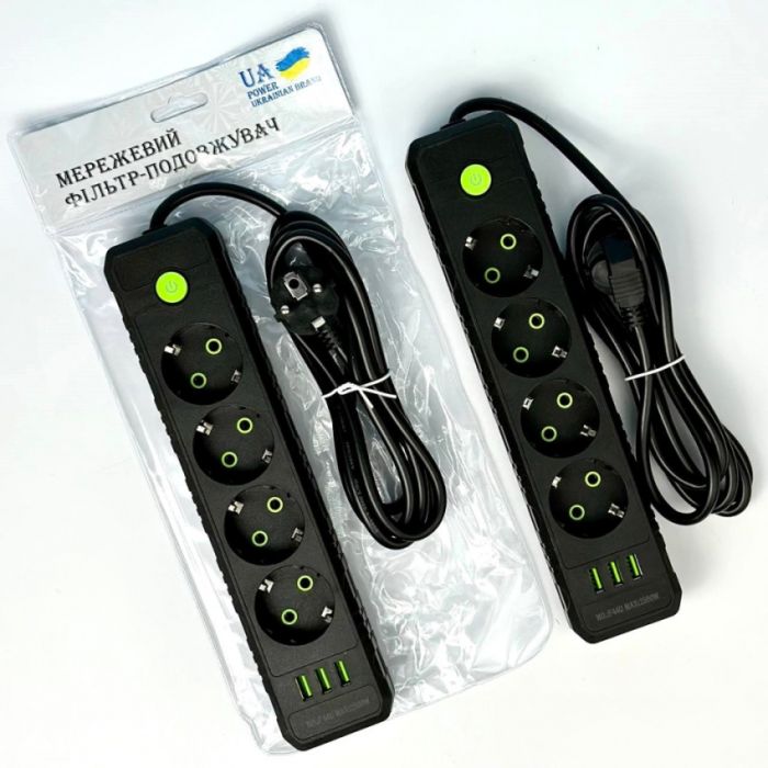 Мережевий фільтр-подовжувач 4 розеток 3USB 2500W 6 метра UA