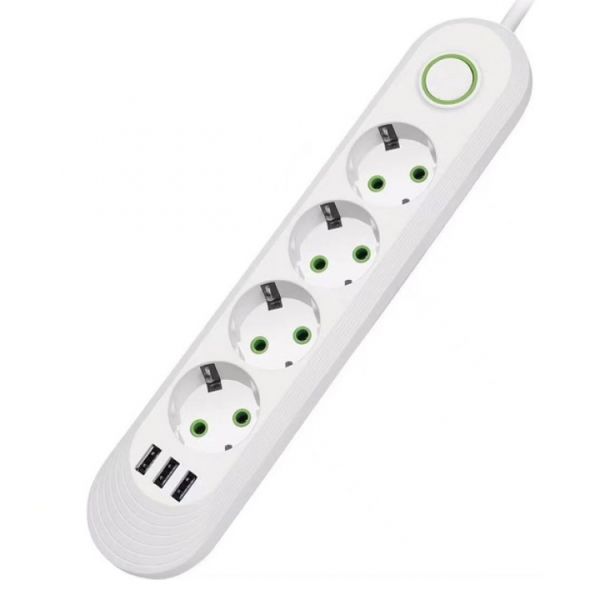 Мережевий фільтр-подовжувач 4 розеток 3USB 2500W White