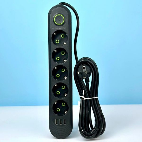 Мережевий фільтр-подовжувач 5 розеток 3USB 2500W 6м
