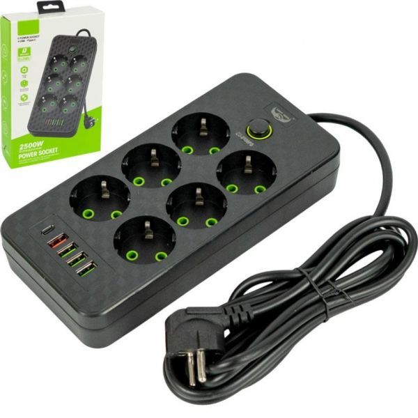 Мережевий фільтр-подовжувач 6 розеток 4USB та Type-C Port 3m чорний